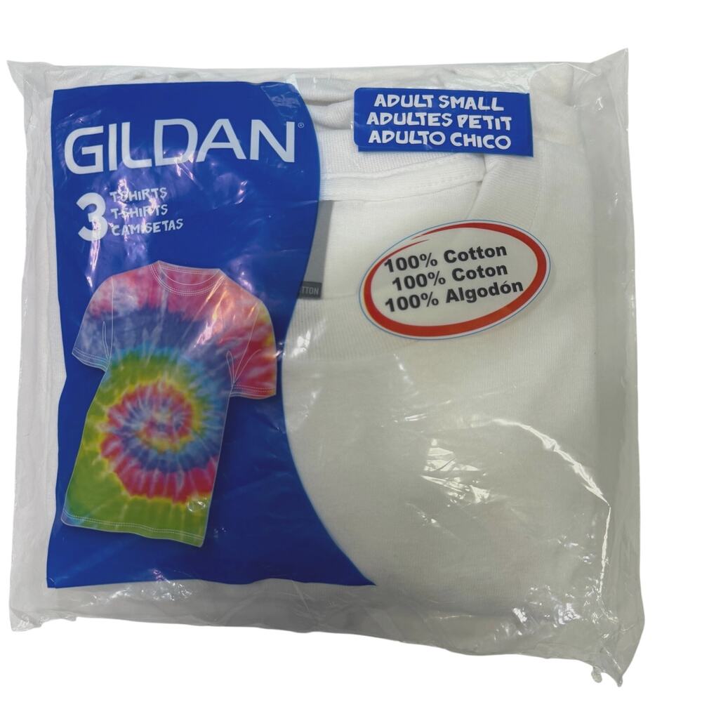 Gildan 100% Cotton Short Sleeve White Tee Shirts- Adult Size Small - 3 Pack
